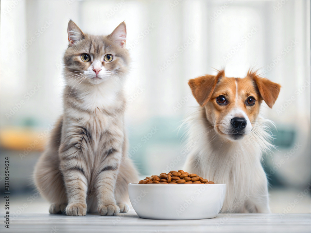 Adorable little dog and cute cat eating food together from blank white bowl, animals and wildlife background