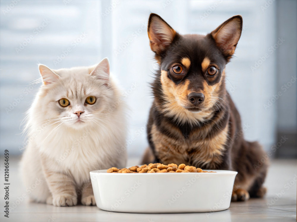 Adorable little dog and cute cat eating food together from blank white bowl, animals and wildlife background
