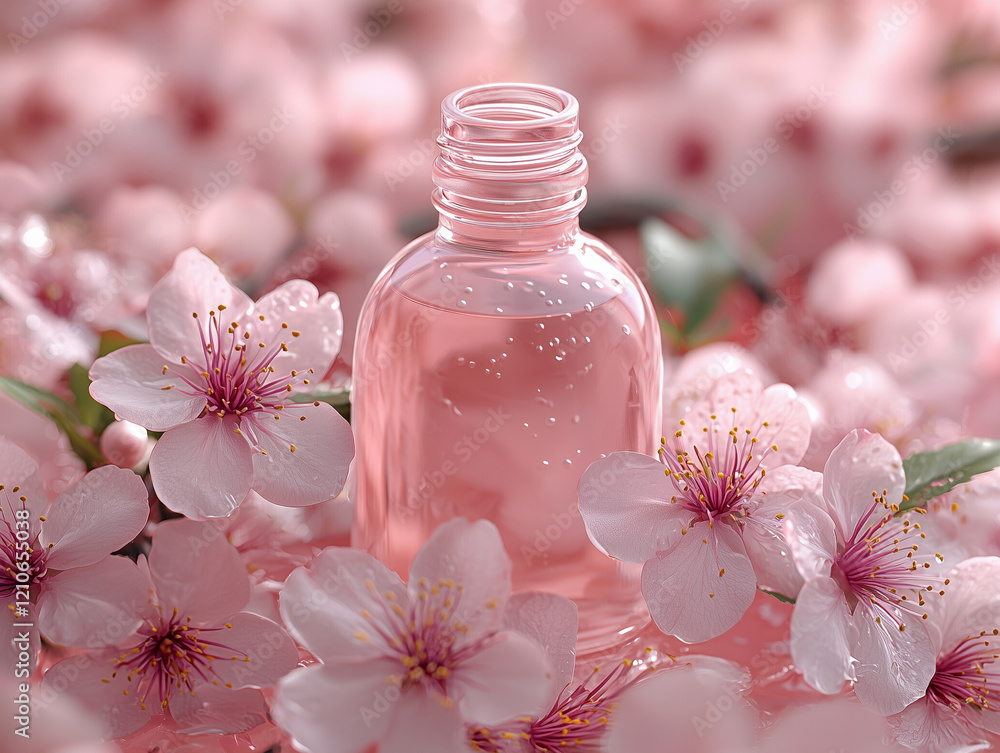 Hyper realistic high quality advertising photo mock up of a rose water bottle with cherry blossoms on a pink background.