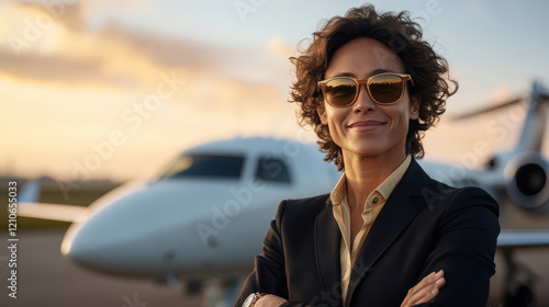 A confident businesswoman stands with sunglasses on, posing in front of a private jet at sunset, symbolizing success, independence, and the luxury of private travel. photo