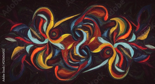 Abstract Intertwined Forms: A vibrant and mesmerizing abstract art piece featuring a captivating interplay of swirling, colorful forms and intricate patterns.