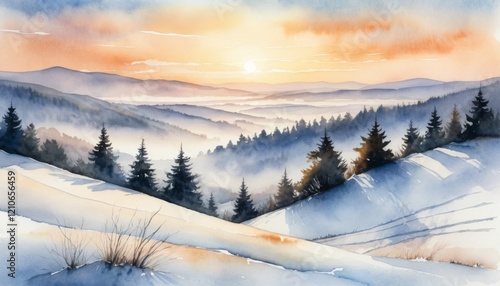 Wallpaper Mural Watercolor illustration depicting winter hiking trails under a serene sunrise in a snow-covered landscape with misty mountains Torontodigital.ca