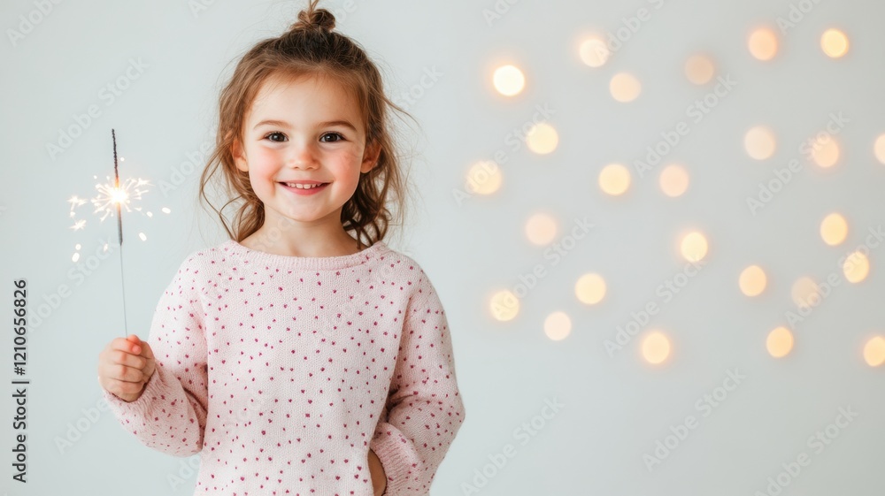 A cheerful girl holds a sparkler, smiling against a backdrop of soft, glowing lights, creating a magical and festive atmosphere. A cheerful girl holds a sparkler, smiling against a backdrop of soft, glowing lights, creating a magical and festive atmosphere.