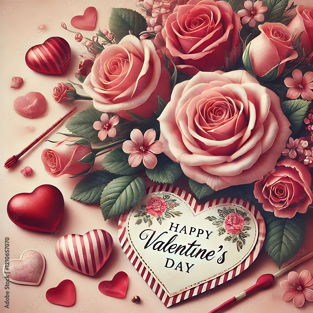 Valentines day card with red roses on color background, top view.
Valentines day card with red roses on color background, top view.