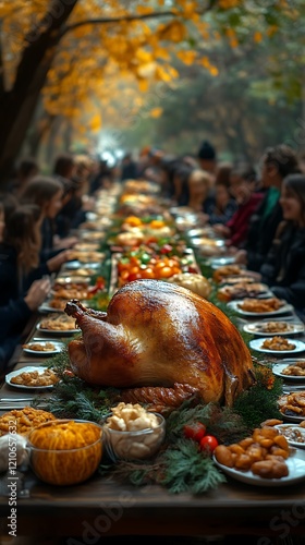 Roasted turkey centerpiece at a long Thanksgiving feast table outdoors.