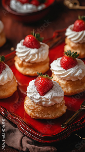 Strawberry cream puffs with whipped topping