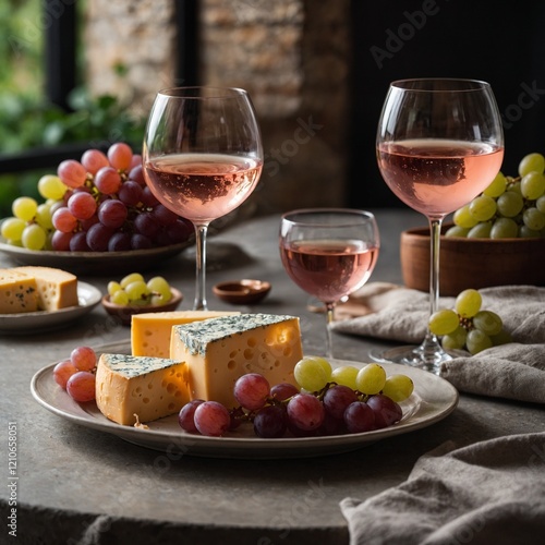 A chilled glass of rosé wine paired with a plate of cheese and grapes.
