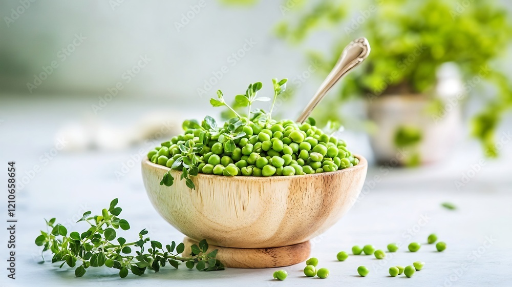Fresh Green Peas in Wooden Bowl, Garnish with Herbs Fresh Green Peas in Wooden Bowl, Garnish with Herbs