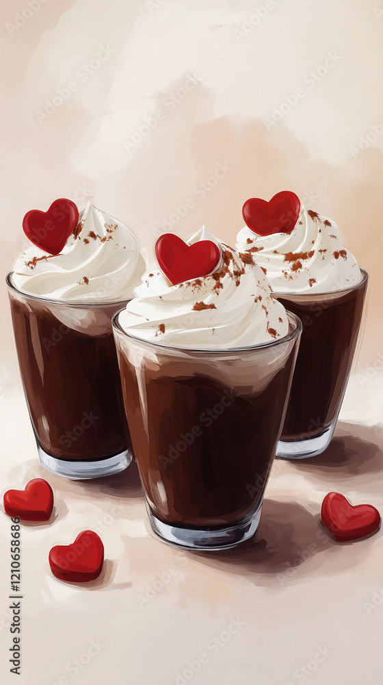 Valentine chocolate puddings with red hearts
