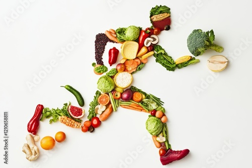 Creative athlete silhouette made from fresh vegetables and fruits