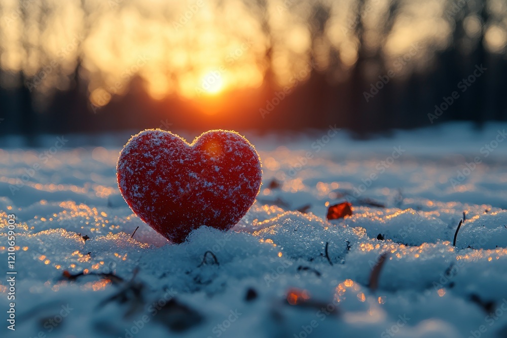 Fototapeta premium Red heart covered in frost resting on snow during a golden winter sunset with blurred trees in the background Generative AI