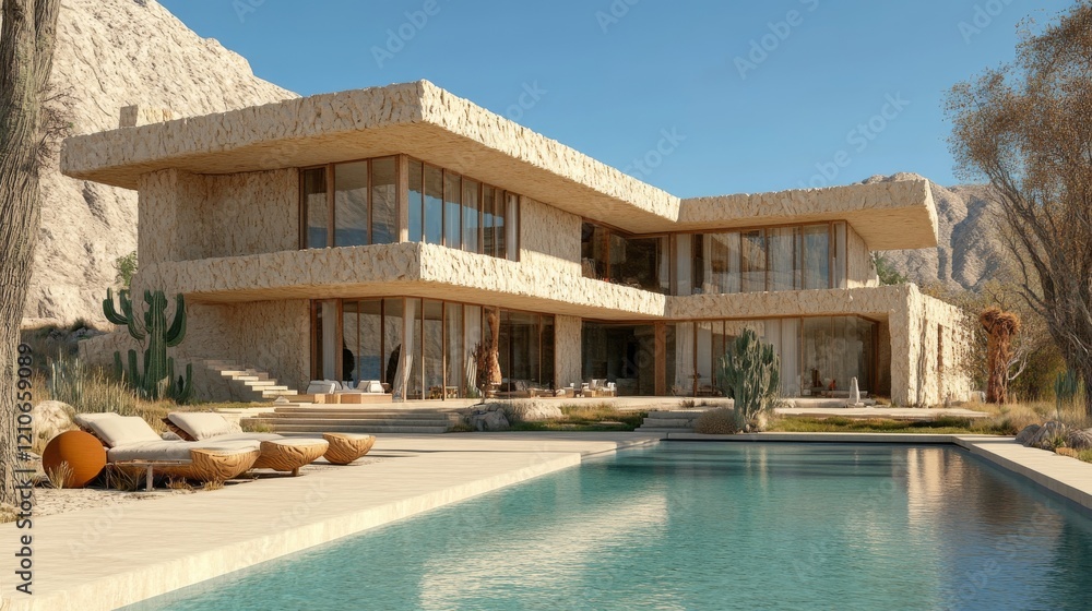 Fototapeta premium A minimalist, modern house boasting an infinity pool and a breathtaking panoramic view