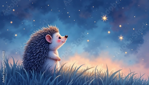 Cute hedgehog gazing at the stars in a dreamy night sky with soft grass below