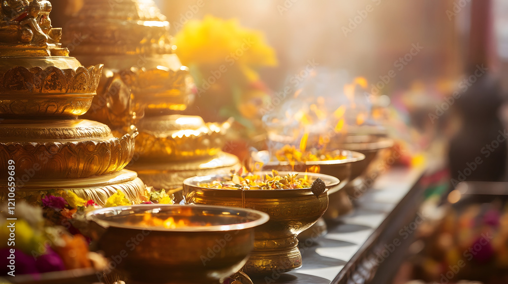 Golden Temple Offering Bowls Lined Up With Fragrant Incense Smoke : Generative AI Golden Temple Offering Bowls Lined Up With Fragrant Incense Smoke : Generative AI