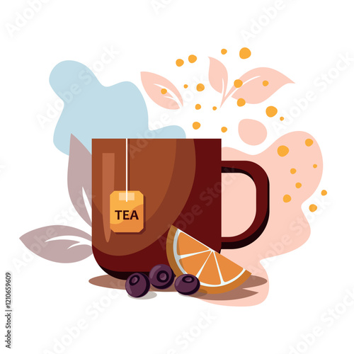 Tea time concept poster. Brown tea mug, lemon and blueberry on white background. T