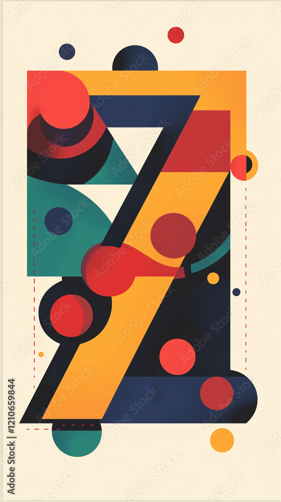 Number seven in bold colors and geometric shapes