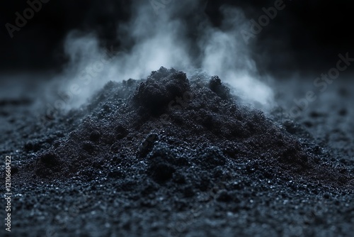 Dark pile of powder steaming.