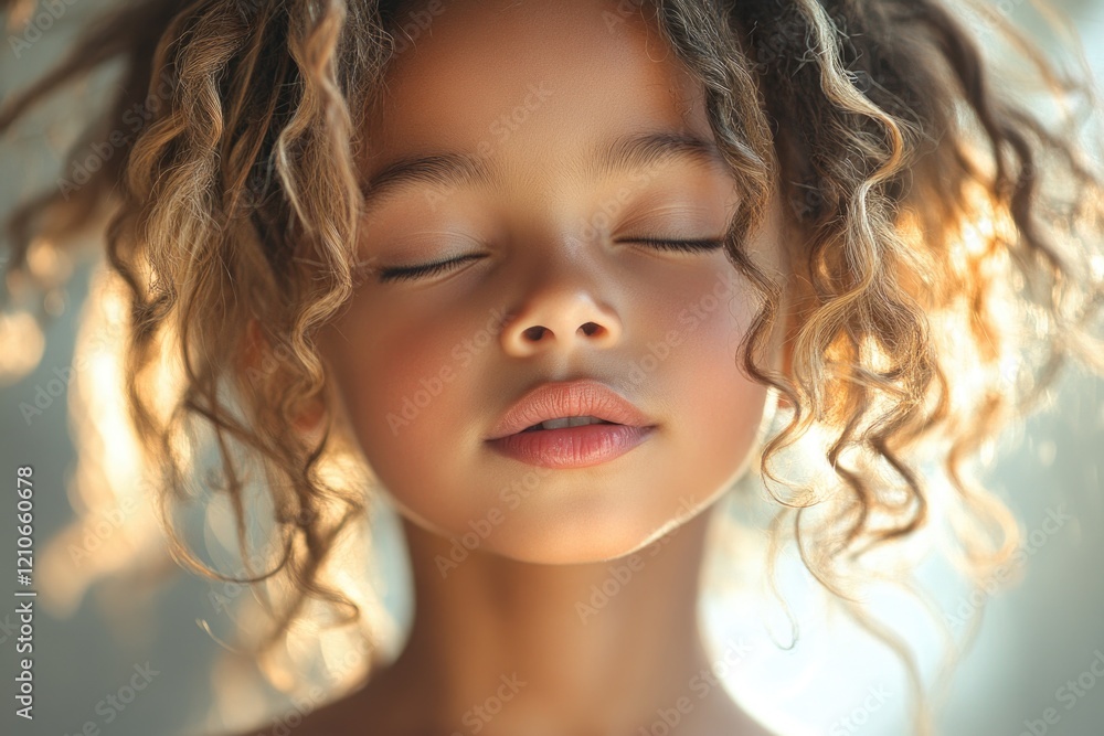 A photo of a young girl with curly hair and her eyes closed, possibly in a peaceful or relaxed state A photo of a young girl with curly hair and her eyes closed, possibly in a peaceful or relaxed state