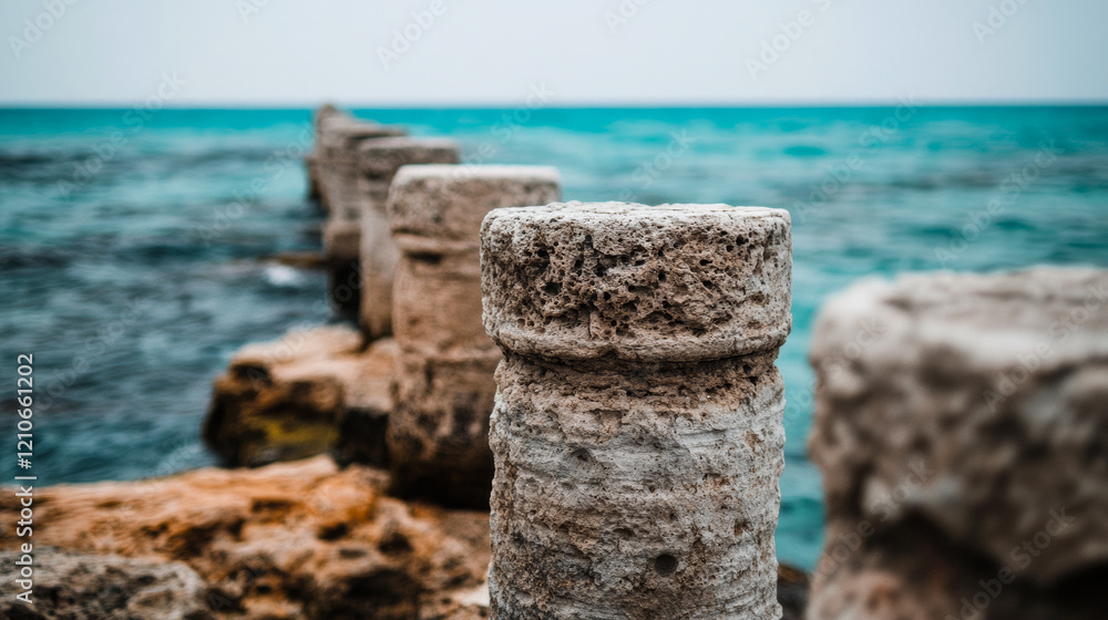 Coastal jetty leading into serene turquoise waters under a cloudy sky at mid-afternoon Coastal jetty leading into serene turquoise waters under a cloudy sky at mid-afternoon