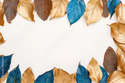 A decorative arrangement of golden and blue leaves on a white surface, ideal for use in designs related to nature, luxury, or celebrations photo