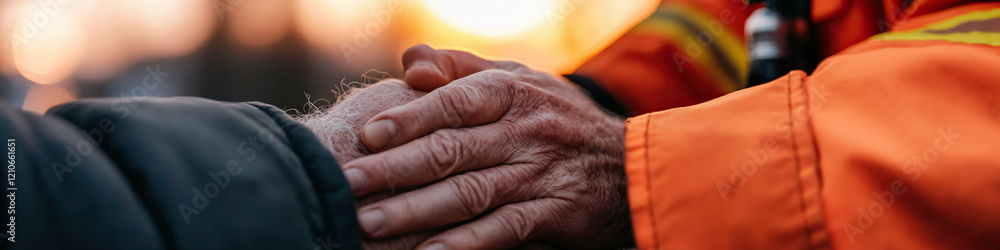 Fototapeta premium Close-up of Clasped Hands, One Hand Elderly, One in Orange Jacket