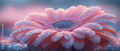 Dew-kissed pink flower closeup.