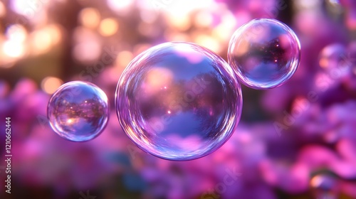 Three iridescent bubbles float against a purple background