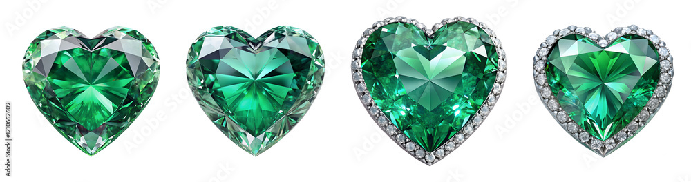 Fototapeta premium set of green emerald diamond gem heart, soft focus isolated on the transparent background