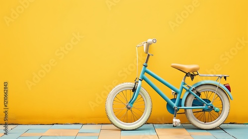 A stylish childrena??s bike set against a sunny yellow backdrop photo