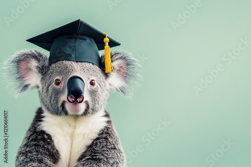 charming intelligent fluffy koala wearing black graduate cap on pale mint background with copy space photo