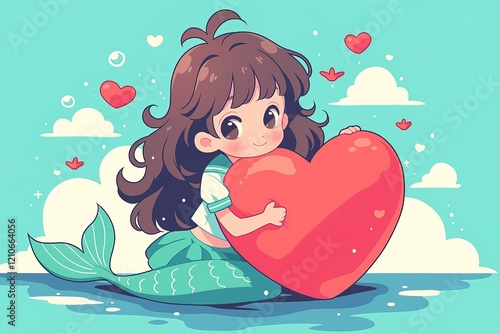 romantic love card adorable cute confused chibi anime girl mermaid with long brown hair and fish tail holding big red heart on blue background photo