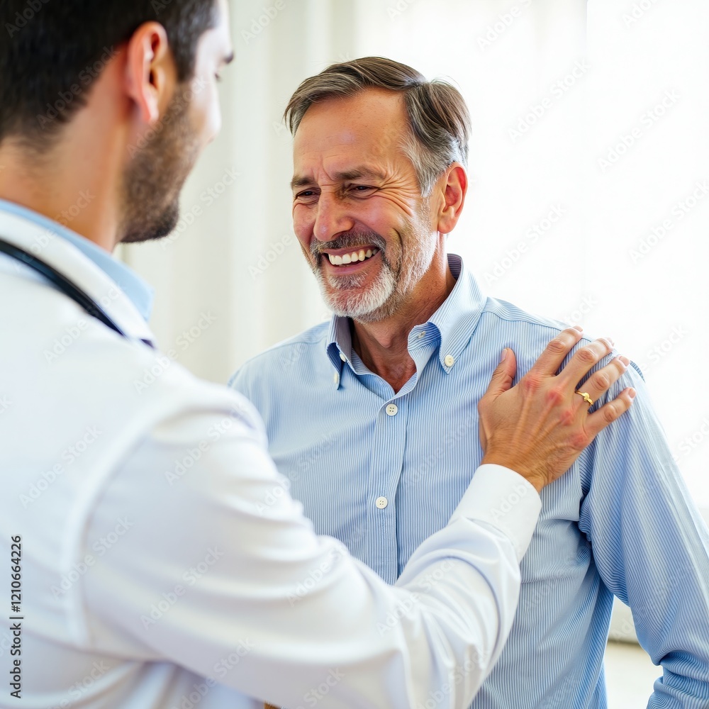 Fototapeta premium Doctor and patient share a moment of comfort and reassurance during a medical consultation. A positive and supportive healthcare interaction.