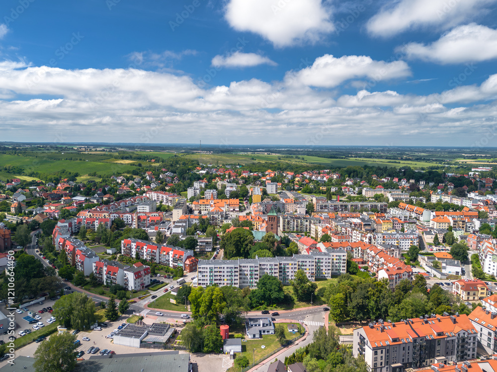 Summer skyline cityscape of Trzebnica, Dolny Śląsk, Poland. Wide panoramic aerial view