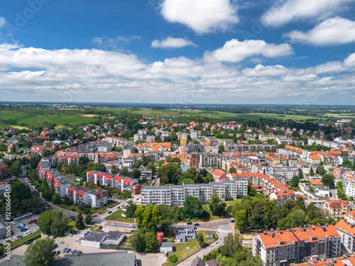 Obraz na płótnie Summer skyline cityscape of Trzebnica, Dolny Śląsk, Poland. Wide panoramic aerial view w salonie