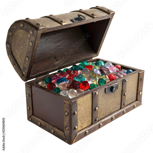 An open wooden chest filled with colorful gemstones. The image is perfect for representing wealth, treasure, and luxury. The image is isolated on a transparent background. photo