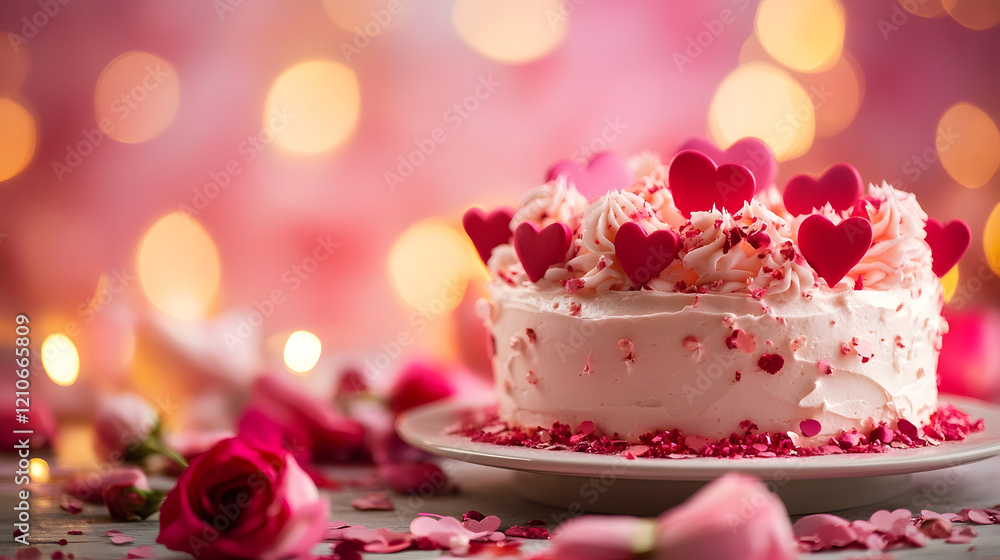 Valentines themed cake with heart decorations and soft candlelight bokeh in a romantic setting : Generative AI Valentines themed cake with heart decorations and soft candlelight bokeh in a romantic setting : Generative AI