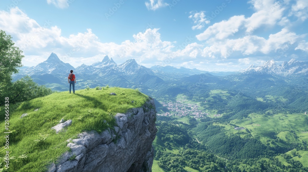 Enjoying a breathtaking view from a cliff in a picturesque mountain landscape on a sunny day Enjoying a breathtaking view from a cliff in a picturesque mountain landscape on a sunny day