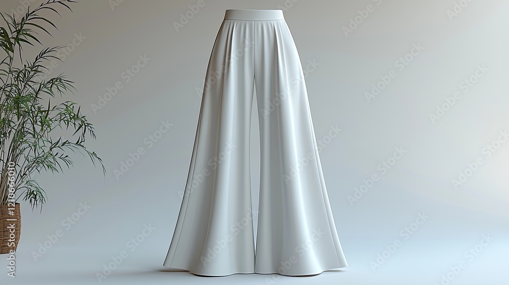 Elegant white wide-leg trousers displayed against a minimalistic background with a plant, ideal for fashion showcases