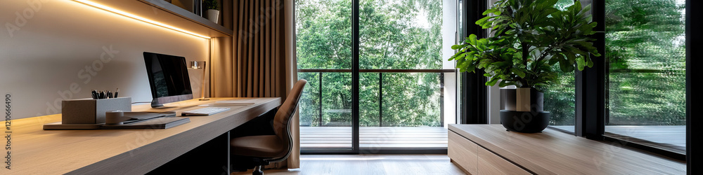 Fototapeta premium Modern Home Office Workspace with Balcony View