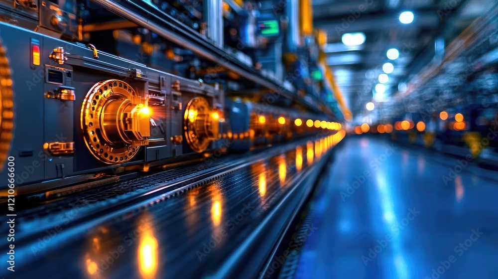 Automated factory production line, glowing lights, industrial background; for manufacturing concepts Automated factory production line, glowing lights, industrial background; for manufacturing concepts