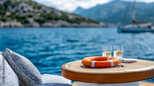 Relaxing moment on a boat in Croatia with drinks and a view of the beautiful coastline