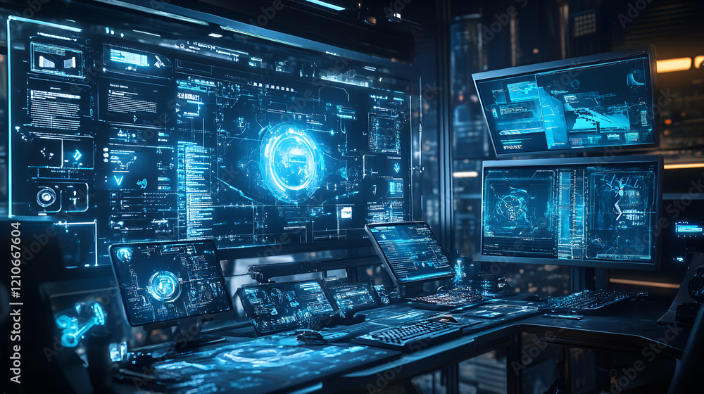 A gamers workspace featuring holographic leaderboard A gamers workspace featuring holographic leaderboard