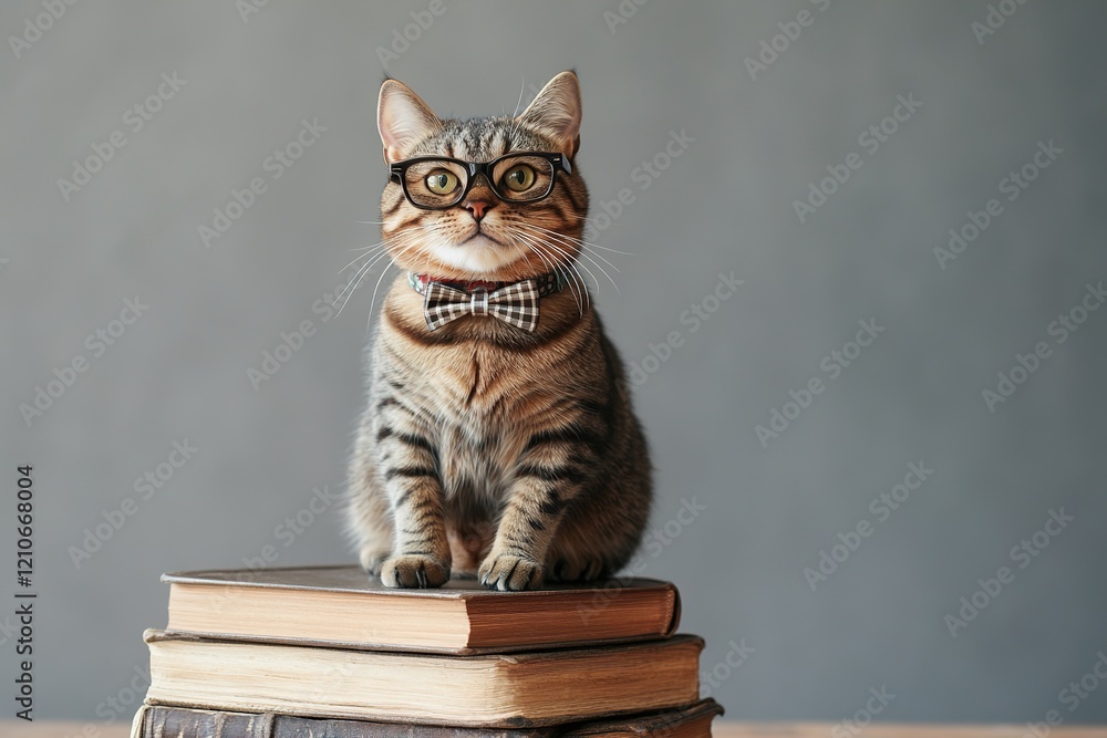 cute clever tabby cat in glasses and bow tie sitting on a stack of books on grey wall background with copy space cute clever tabby cat in glasses and bow tie sitting on a stack of books on grey wall background with copy space