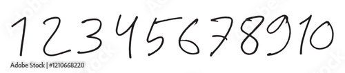 Black Hand-Drawn Numbers 1 to 10 on White Background