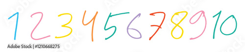 Colorful Hand-Drawn Numbers 1 to 10 on White Background