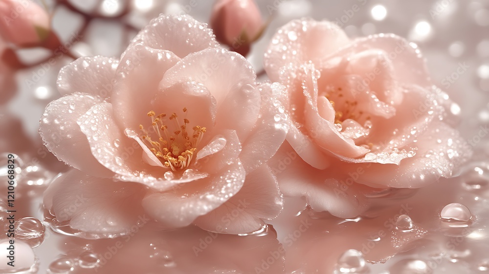Dewdrops adorn delicate pink blossoms floating gently Dewdrops adorn delicate pink blossoms floating gently