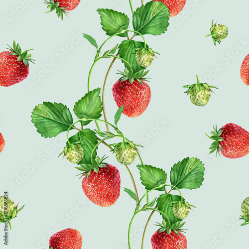 Watercolor seamless strawberry pattern. Strawberry garden, botanical illustration, pattern of bushes and berries.