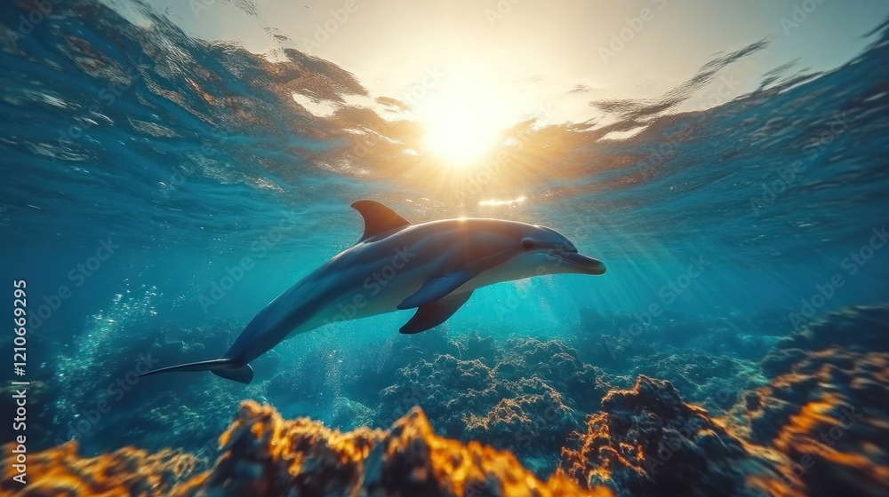 Fototapeta premium Dolphin swimming in ocean at sunset.