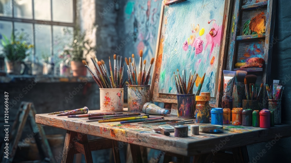 Assorted brushes and vibrant paints on a wooden table in an art studio Assorted brushes and vibrant paints on a wooden table in an art studio