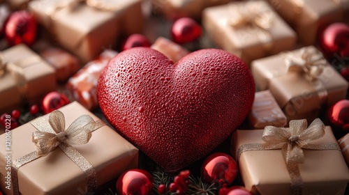 A glossy red heart surrounded by elegant golden gift boxes.